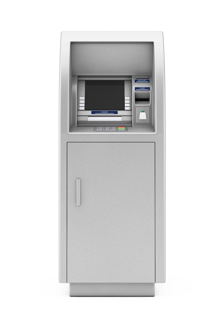 Photo bank cash atm machine on a white background. 3d rendering