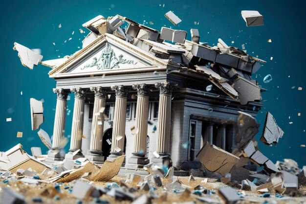 Фото Банковский крах банк или финансовое учреждение, которое падает или разрушается генеративный ии