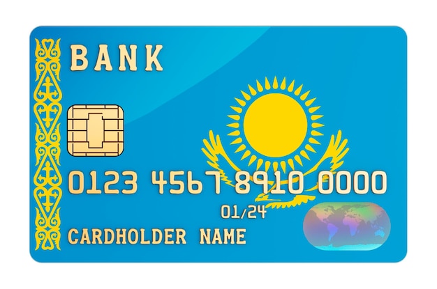 Foto carta di credito bancaria con bandiera kazaka sistema bancario nazionale nel concetto di rendering 3d del kazakistan