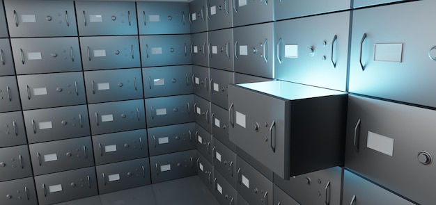 Bank deposit safe boxes one open locker with blue light inside angle view Realistic interior empty room in vault with metal doors on wall for secure storage valuables money or jewels 3d render