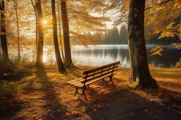 bank in het herfstbos met zonlicht