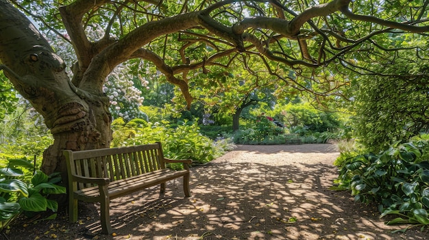 Bank onder de boom in de Royal Botanic Gardens in Londen