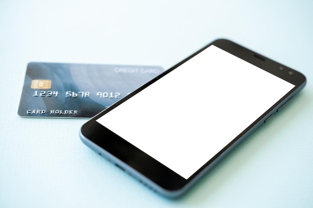 Bank payments mobile mockup digital technology smartphone with white blank screen and plastic credit