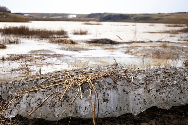 On the bank of the river there are layers of ice a spring icebreaker it is dangerous not to be on the ice