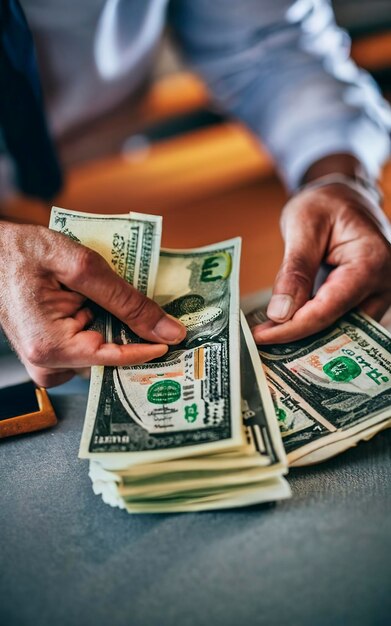 Bank teller man's hands giving dollar banknotes