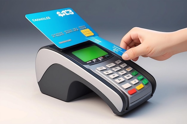 Bank terminal with a cartoon hand and a plastic card to pay for services and purchases cashless payment concept 3d rendering