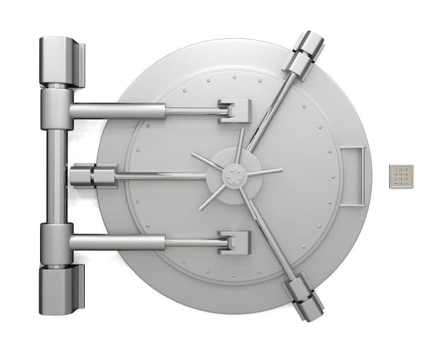 Bank vault door isolated on white background. Closed safe. Safety, insurance and security of savings and investments concept. Protection against robbery and breaking in.