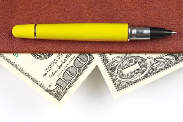 Bankbiljetten en een rode pen die in het notitieboekje liggen. Financiën en onderwijs