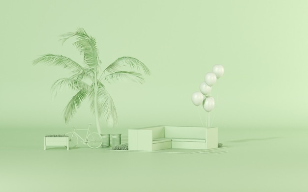 Banken en tafel stoel kokospalm Buitenkant van terras in zwart-wit groene kleur 3d render