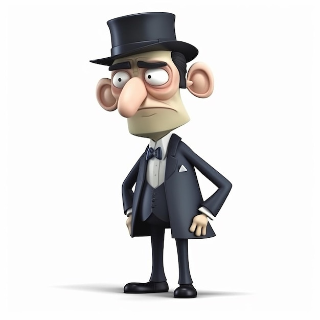 Банкир-бизнесмен в черной шляпе и пальто забавный милый мультфильм 3d иллюстрация на белом