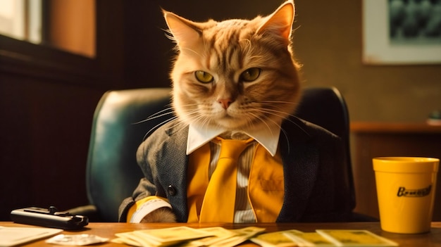 Photo a banker cat with a bowtie and glasses holding a credit card