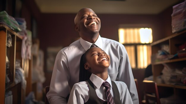 a banker ready for work leaning his forehead on his 13 year old daughter's forehead concept ai