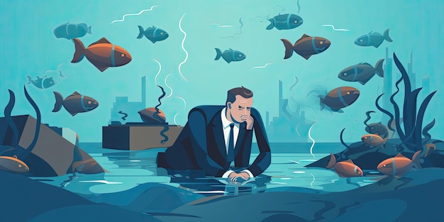 Banking Default and Bank Crisis Banks drowning in debt with financial instability Businessman or banker trying to prevent bank collapse Illustration