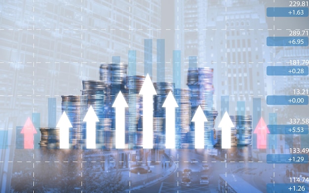 Banking finance investment business concept double exposure\
image of bank or coin money and graph chart with city background\
account management diagram with market growth statistics economy\
datum