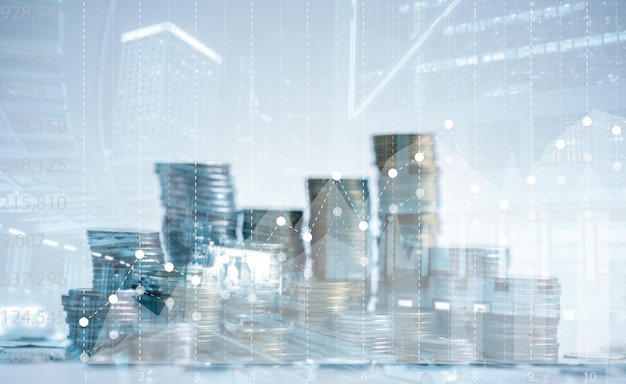 Banking finance investment concept Double exposure image of growth business with city background Currency growth market statistics with global foreign Exchange payments banking global investments