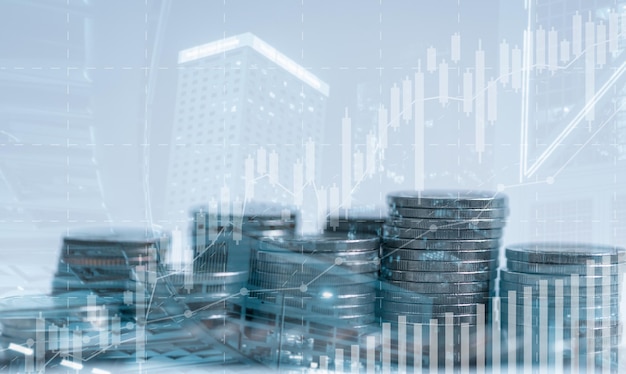 Banking finance investment concept double exposure image of
growth business with city background currency growth market
statistics with global foreign exchange payments banking global
investments