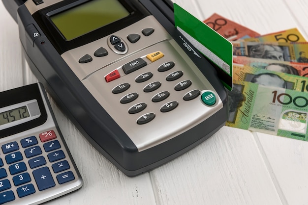 Photo banking terminal with credit card and australian dollars