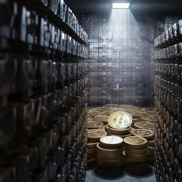 Bankkluis gevuld met gouden bitcoins Crypto-valutafinancieringsvoorraad en investeringsconcept Generatieve AI