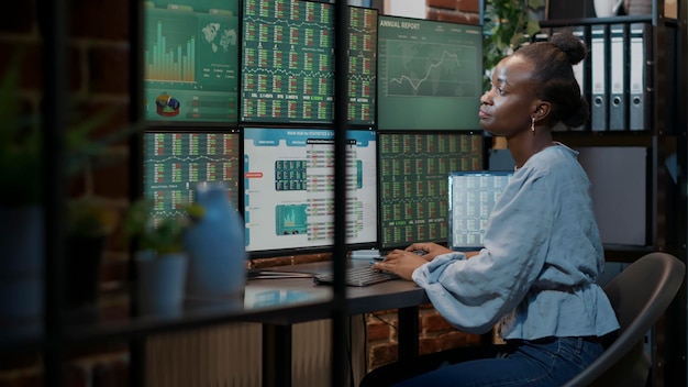 Bankmedewerker analyseert forex exchange-verkopen op laptop en meerdere monitoren op kantoor, werkend aan het ontwikkelen van financiële investeringsgroei. Beursstatistieken in realtime, handelsnummers.