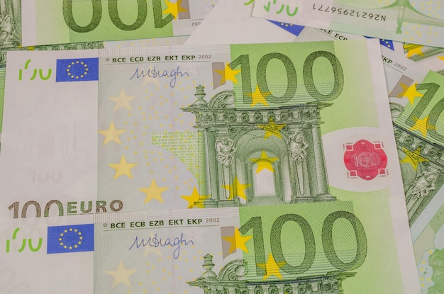 banknotes of 100 euros are on the table.