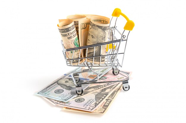 Banknotes of american dollars and shopping cart