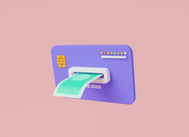분홍색 배경에 신용 카드 또는 직불 카드가 나오는 지폐 은행 거래 현금 환급 돈 절약 비즈니스 금융 온라인 지불 송금 3d 아이콘 최소 렌더링 그림
