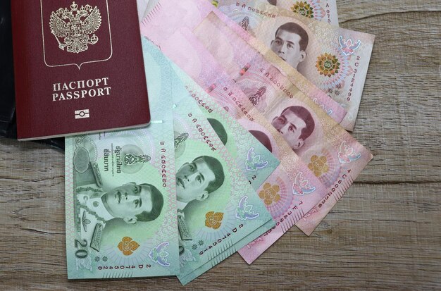 Banknotes of different countries and colors on the table