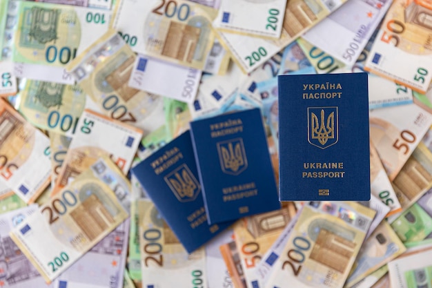 지폐는 우크라이나 여권으로 동전 그로츠로 즐로티 지폐를 닦습니다.