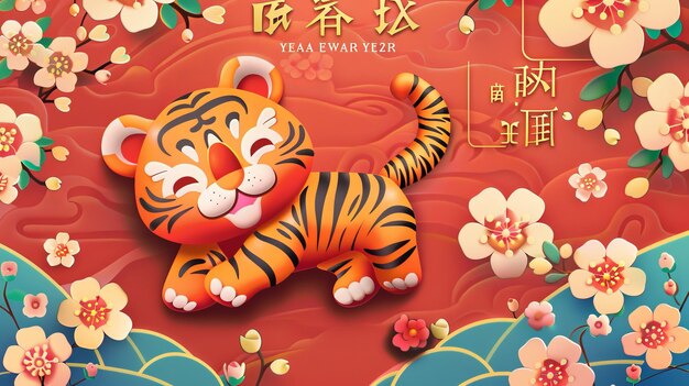 Photo the banner of the 2017 chinese new year features a papercutting illustration of a chubby tiger hopping among blossom flowers the text on the left reads quothappy new year and an auspicious year of