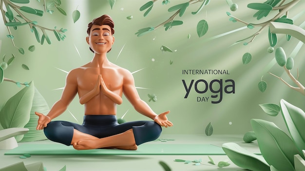 Photo banner for 21 june international yoga day handsome man meditating lotus yoga pose on light green background