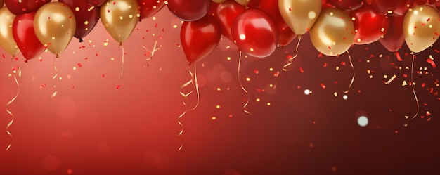 Banner achtergrond van een feest met rode en gouden ballonnen en confetti met lege kopieerruimte