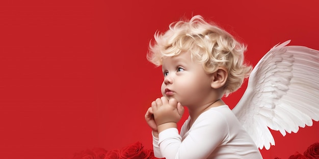 バレンタインデーのデザインに最適な赤い背景に翼を持つバナー天使の赤ちゃん