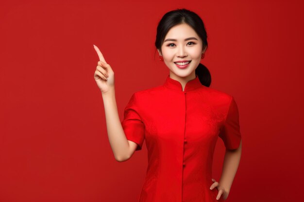 Banner asian girl in red on red background reminiscent oriental new year eve