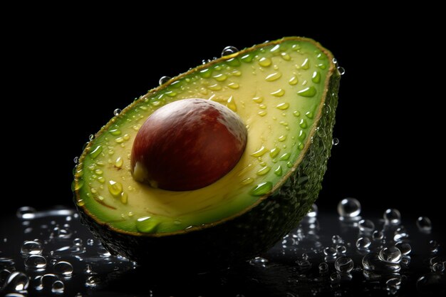 Photo banner of avocado in a cut with droplets on a dark background