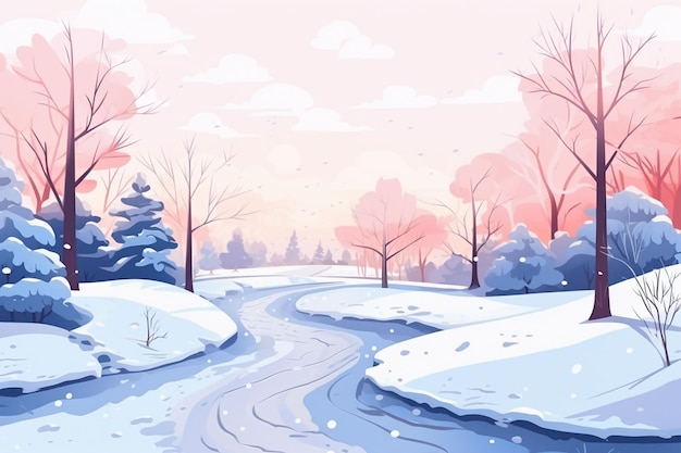 Banner Beautiful Winter Landscape With House and a snowy forest with a road