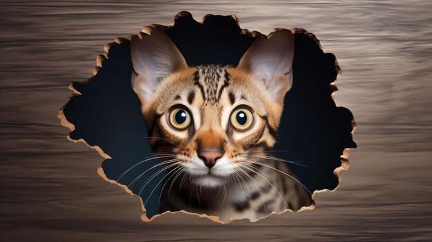 ベンガル猫が木製のスタジオの背景で壁から見下ろす ペットの破れた紙のコピースペース