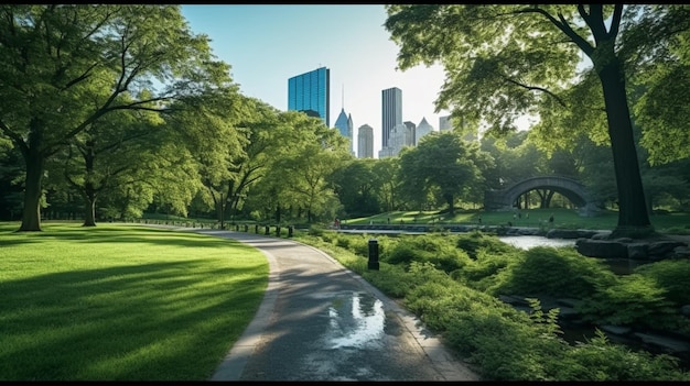 Banner breed beeld van groene ruimte in stedelijke stad Generatieve AI