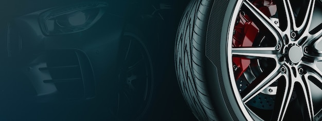 Photo banner for car wheel business. 3d render and illustration. wheel black background.