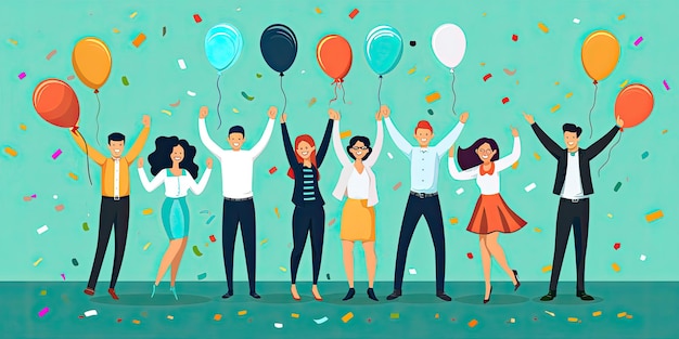 Photo banner of celebrate and victory to business success with colleagues celebration party event with coworker partner marketing team winner successful with startup teamwork having smile happy together