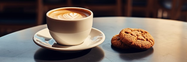 Banner coffee with latte art cookie on table