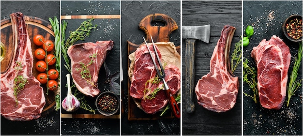 Banner, collage. Raw Steak. Top view. Free space for your text.