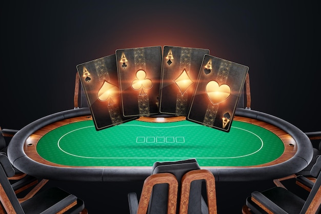 Banner concetto di tavolo da poker casinò gioco di poker online giochi di carte design moderno stile rivista 3d rendering illustrazione 3d