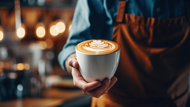 Banner craft café klein bedrijf barista houd kopje met latte art koffie