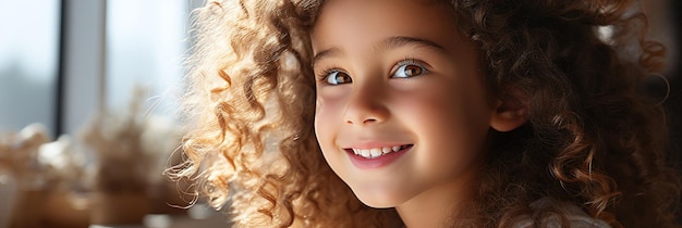 Banner Curlyhaired girl with bright eyes smiling indoor natural light joyful child closeup