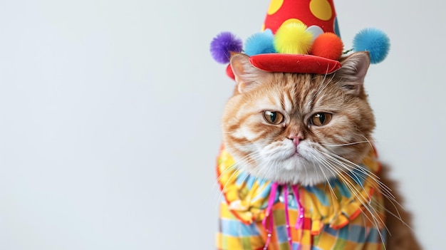 Photo banner cute cat wearing clown hat and colorful scarf on white background