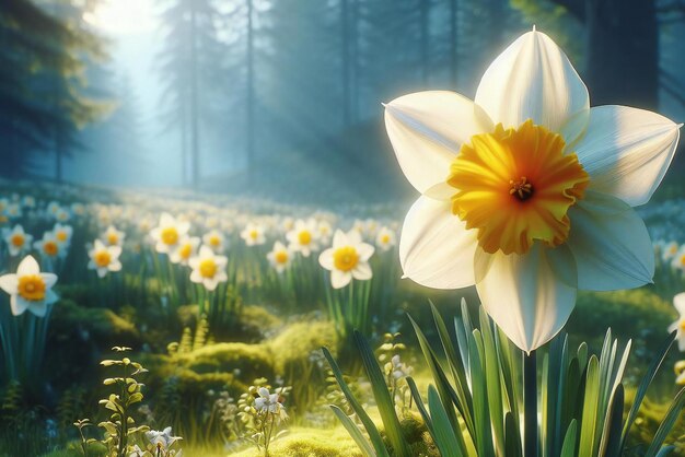 banner daffodil in white and yellwo on a spring meadow with warm light