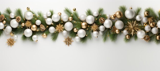 Foto banner decoratieve kerstboom takken met ballen en kegels op witte achtergrond