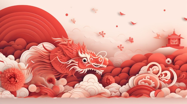 Banner design with abstract pattern in oriental style red dragon papercut waves Chinese New Year