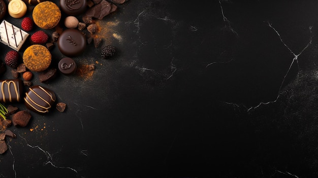 Banner displays gourmet chocolates in various shapes and flavors placed on a dark slate