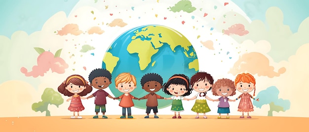 Photo banner of diverse group of children holding hands around a globe multi 2d flat art creative design